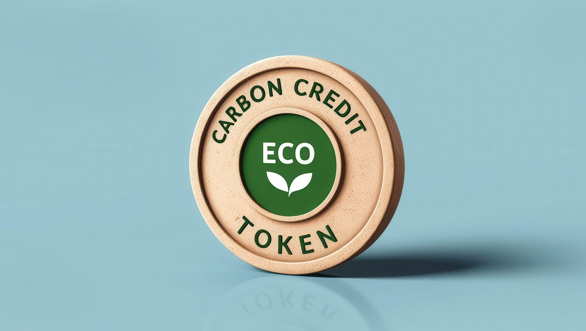 Carbon credit token with ECO logo and leaf symbol on green background, against a light blue backdrop.