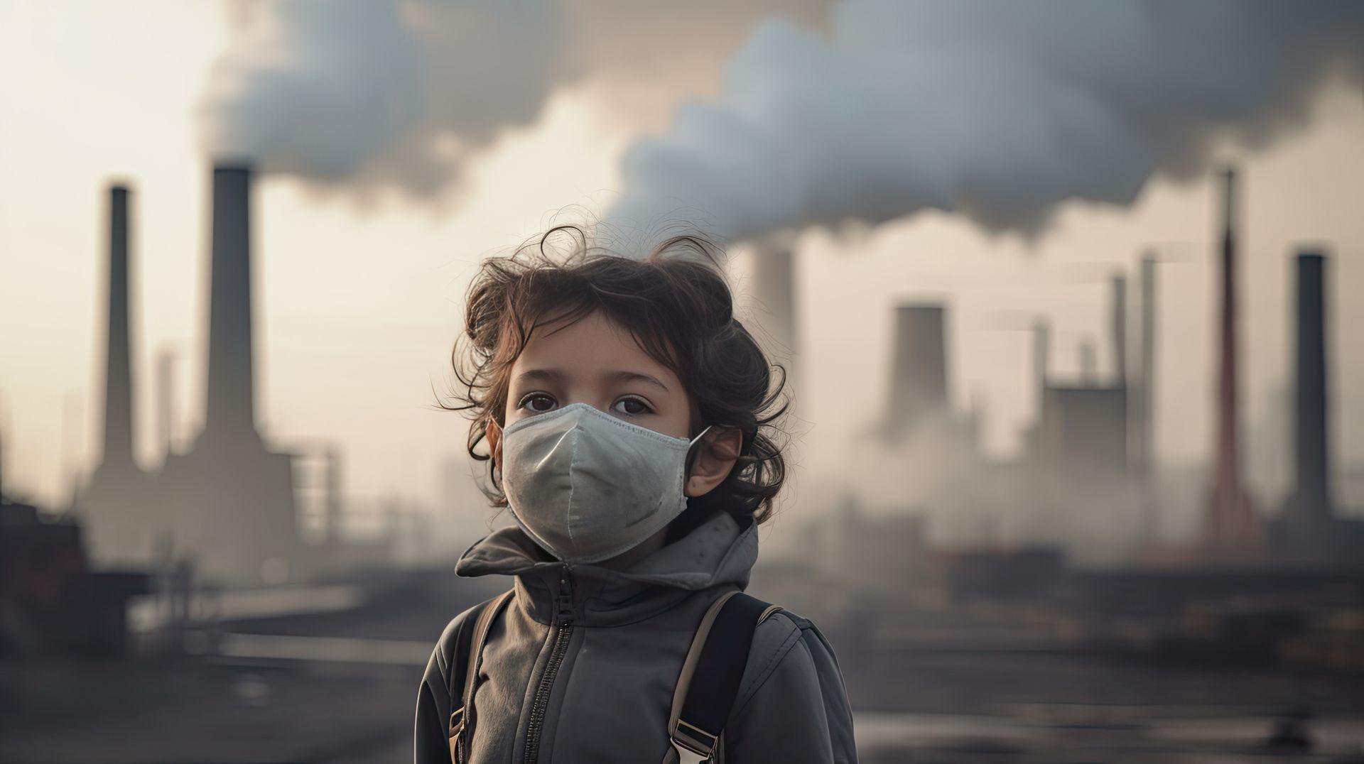 Child wearing a mask stands in front of industrial chimneys emitting smoke into the air.
